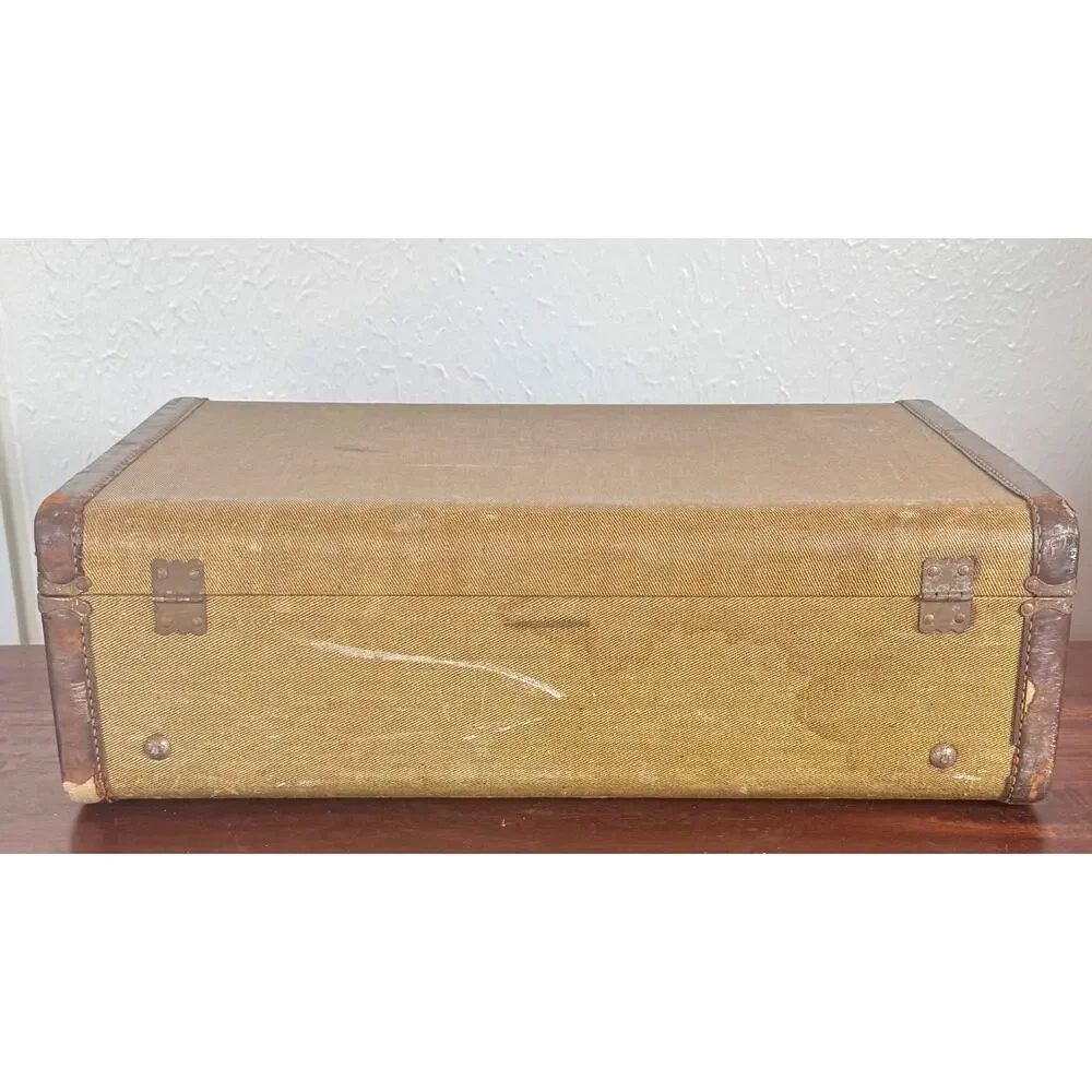 Brown Tweed Hard Sided Suitcase Ruched Interior Vintage Luggage